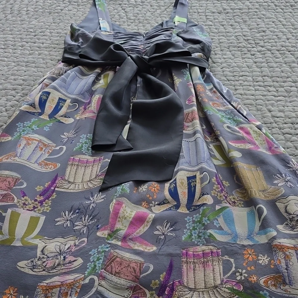 Anthropologie Dress By FLOREAT Teacup Print Purple Silk "Sugar & Cream Dress" - Picture 14 of 16